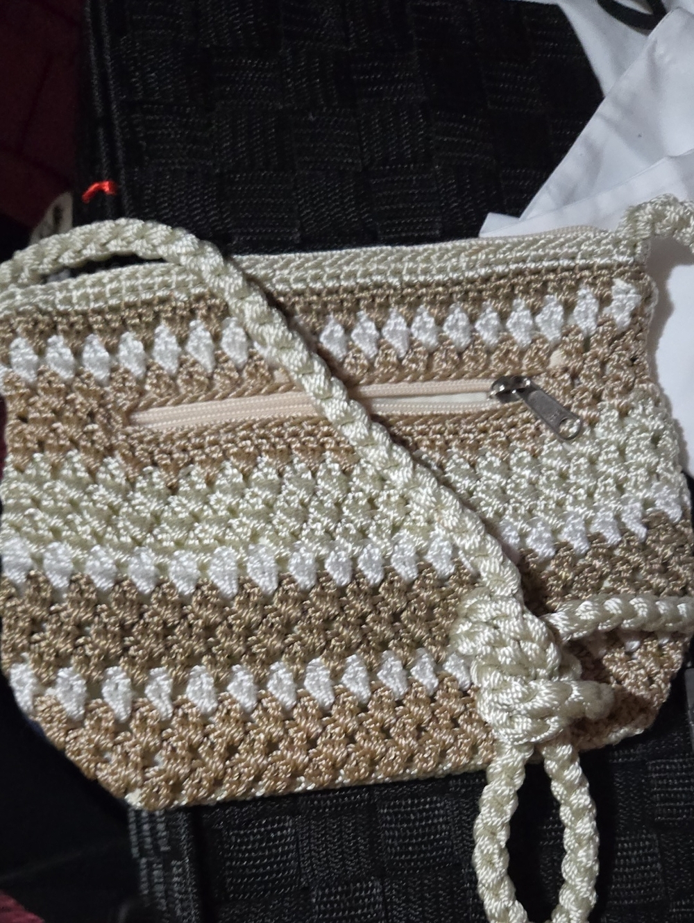 Crocheted Beige and White Shoulder Bag - Women Bags